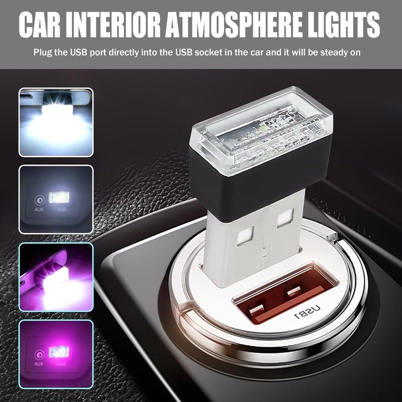 Hbxdeco 4 قطع مصباح داخلي LED للسيارة، ضوء ليلي صغير محمول، مجموعة إضاءة محيطية بواجهة USB، ملحقات داخلية عالمية للسيارة (أبيض + بنفسجي) - Image 2
